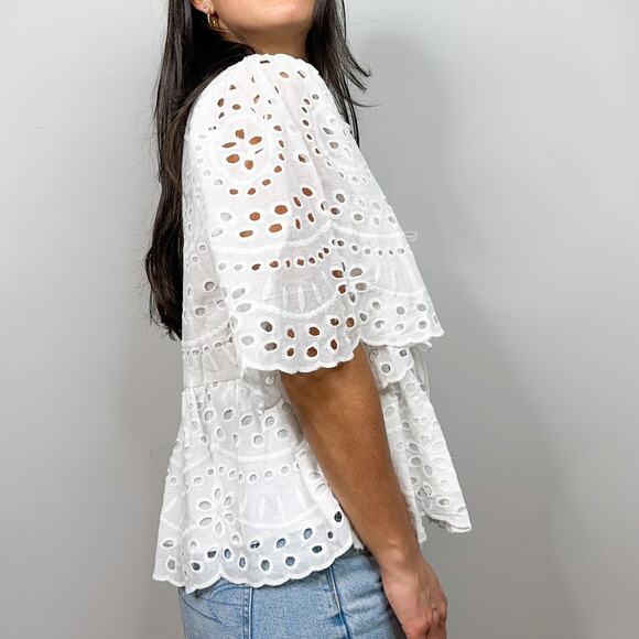 Love Wednesday White Eyelet Tie Front Flutter Sleeve Blouse - Picture 4 of 7